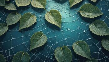 Green Leaves on Dark Blue Wet Surface with Geometric Pattern photo