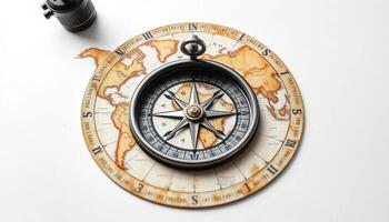 Metallic Compass on a Detailed World Map Wooden Circular Board with Antique Appearance photo