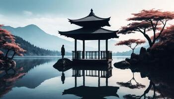 Serene Lake Pavilion Landscape with Mountain Reflection photo