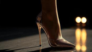 Sparkly High-Heeled Shoe on Dark Reflective Surface photo