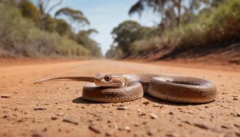 Brown Snake Coiled on Red Dirt Road in Australian Outback photo