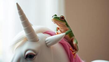 Green Frog on White Unicorn Toy Against Light Background photo