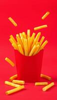 Mockup Golden French Fries In Red Cup Against Red Backgrounds with Flying Fries and photo