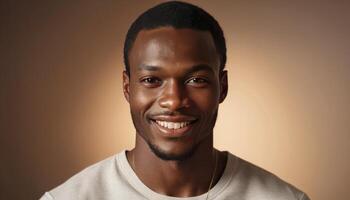 Smiling Young Man Portrait Against Brown Background photo