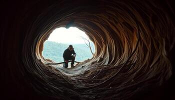 Silhouette of a Man Exploring a Dark Cave Opening to a Bright Mountain View photo