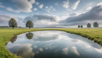 Tranquil Pond Reflection In A Summer Meadow Landscape photo