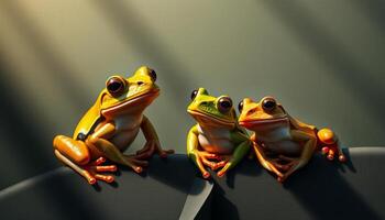 Three Colorful Frogs on Dark Surface in Dramatic Light photo