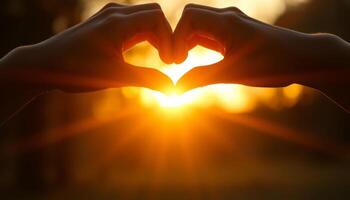 Silhouette of Hands Forming Heart Shape Against a Vibrant Sunset photo