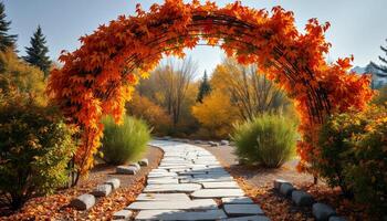 Autumnal Archway Stone Path Through Vibrant Orange and Yellow Foliage photo