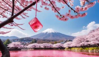 Pink Cherry Blossoms Frame Mount Fuji and Lake photo