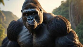 Majestic Silverback Gorilla in Natural Habitat Surrounded by Lush Greenery at Dawn photo