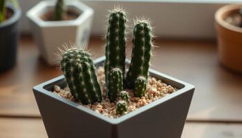 Close Up Of Potted Cactus Plant On Windowsill photo