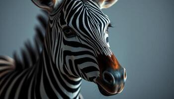 Close Up of a Zebra Head and Shoulders Against Gray Background photo