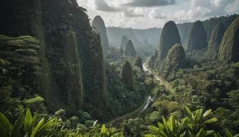 Lush Green Valley With Winding Path and Towering Karst Formations photo
