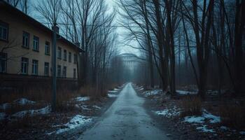 Snowy Path Through Dark Forest Past Abandoned Building photo