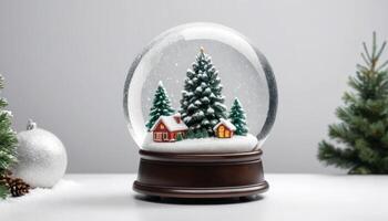 Snow Globe Christmas Village Scene with Miniature Houses and Trees photo