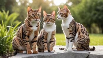 Three Felines Relaxing On Rocks In A Garden Area photo