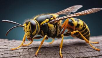 Closeup Of Yellow And Black Wasp On Wood photo