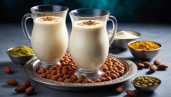 Creamy Beige Drinks with Nuts and Spices on Silver Tray photo