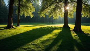 Sunrise Illuminating Lush Green Lawn and Trees photo