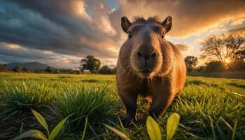 Capybara in Lush Green Field at Sunset photo