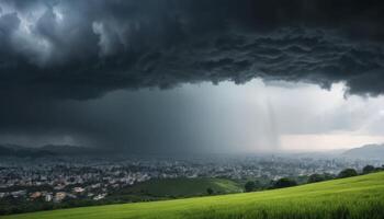 Stormy Cityscape View With Green Hills and Dark Clouds photo