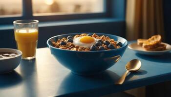 Bright Breakfast Setting with Blue Bowl of Cereal Egg and Berries Near Window photo