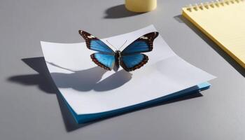 Blue Morpho Butterfly on White Notepaper with Soft Lighting photo