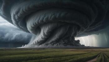 Dark Grey Tornado Over Green Field Dramatic Sky photo