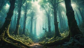 Sunlit Path Through a Lush Green Forest photo