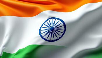 Waving Indian Flag Close Up View of Saffron, White, and Green Fabric with Ashok Chakra photo