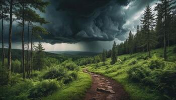 Dark Storm Clouds Over Lush Green Forest Path photo