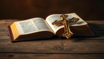 Open Leather-Bound Book With Gold Cross On Wooden Table In Dim Light photo
