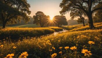 Sunrise Over Yellow Flower Field And Stream photo