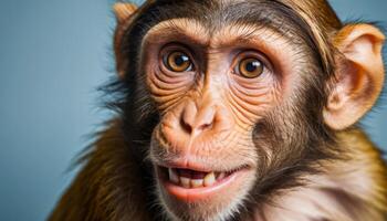 Close-Up Portrait of a Young Monkey with Brown Fur and Expressive Eyes Against a Blue-Gray Background photo
