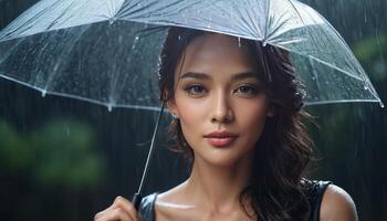 Serene Woman Under Transparent Umbrella in Rain photo