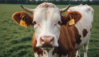 Close Up of Brown and White Cow in Green Field photo