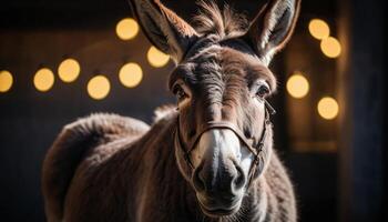Brown Donkey Portrait in Dimly Lit Stable with Warm String Lights photo