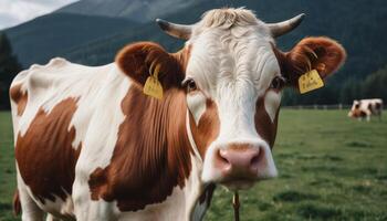 Brown and White Cow in a Green Pasture with Mountains photo