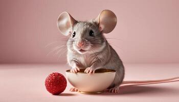 Adorable Gray Mouse with Red Berry in Pink Studio Setting photo