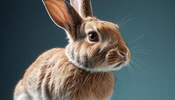 Brown Rabbit with Water Droplets on Teal Background photo