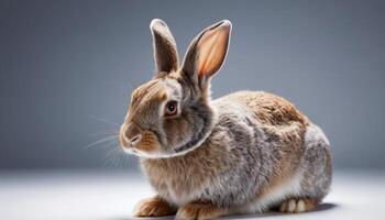 Brown and White Rabbit Portrait Against Gray Background photo