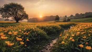 a field of yellow tulips at sunset photo