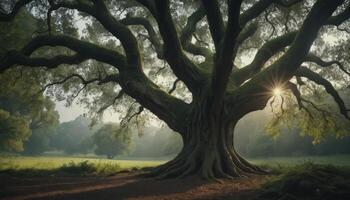Majestic Ancient Oak Tree at Sunrise in a Verdant Field photo