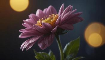 Pink Flower with Water Droplets and Golden Bokeh Lights photo