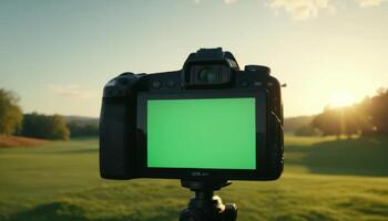 Camera with Green Screen on Tripod at Sunset photo