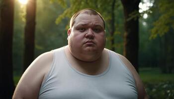 Overweight Man Sweating in a Sun Dappled Forest photo