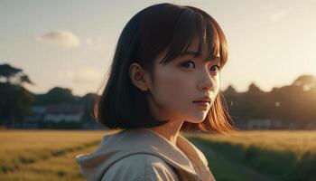 Young Woman in Golden Hour Field Portrait photo