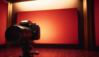 Camera on Tripod Aimed at Red Backdrop in Dimly Lit Studio photo