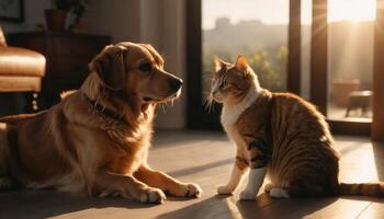 Golden Retriever and Tabby Cat in Sunlit Room photo